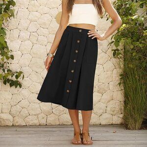 A-line High Waisted Black Button-Down Midi Skirt with Pockets